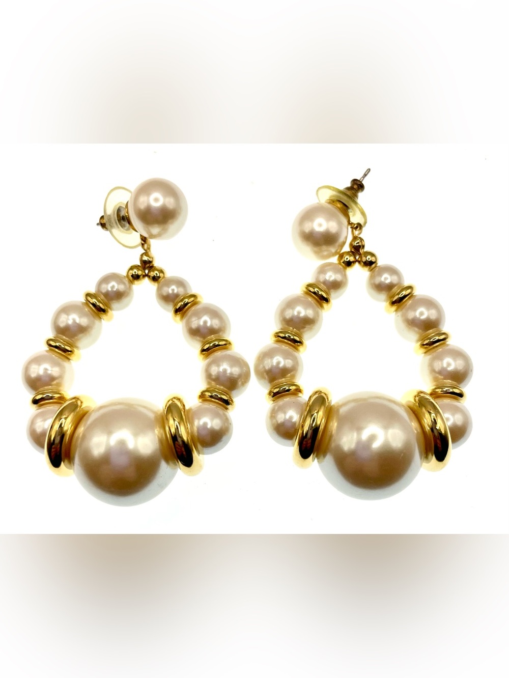 Vintage Large Faux Pearl Gold Tone Statement Drop Earrings 80s Glam Pierced Bold